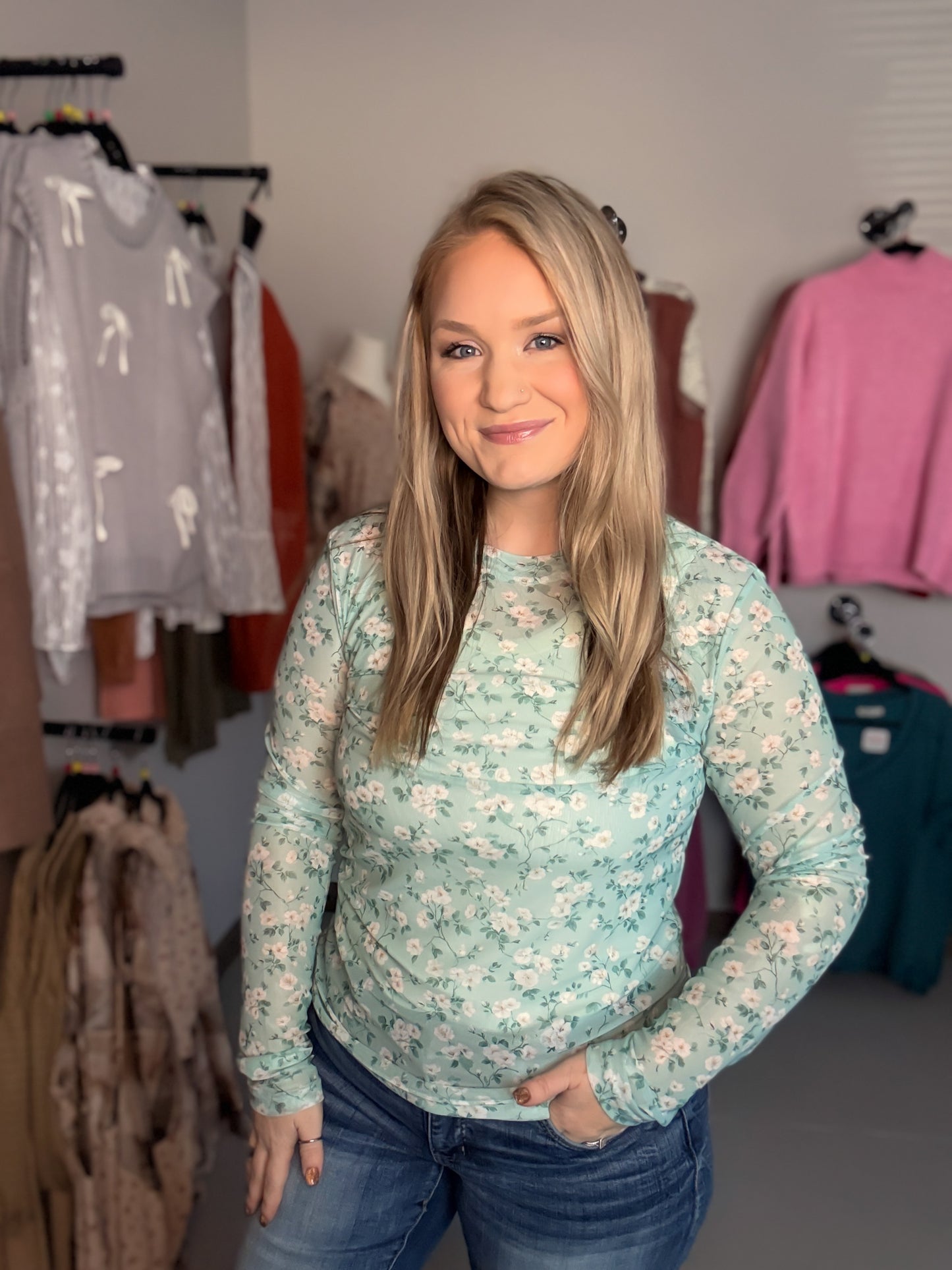 Floral Mesh Top | Sage