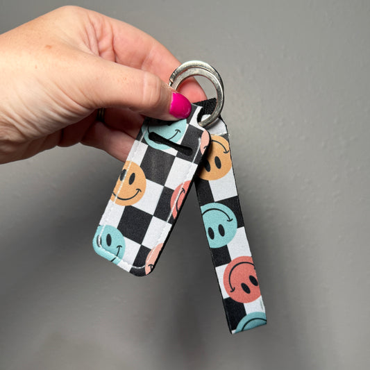 Wristlet Keychain and Chapstick Holder | Smiley Checkered Print