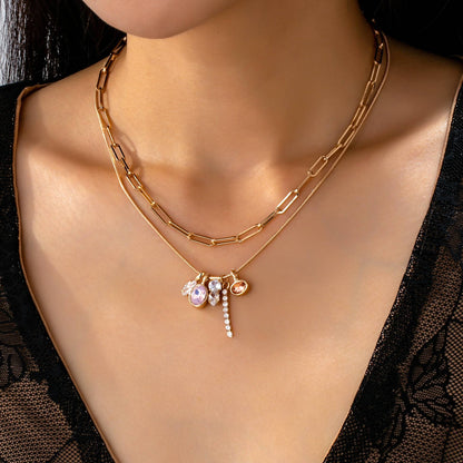 Crystal Cluster Charm Double-Layer Necklace | Gold