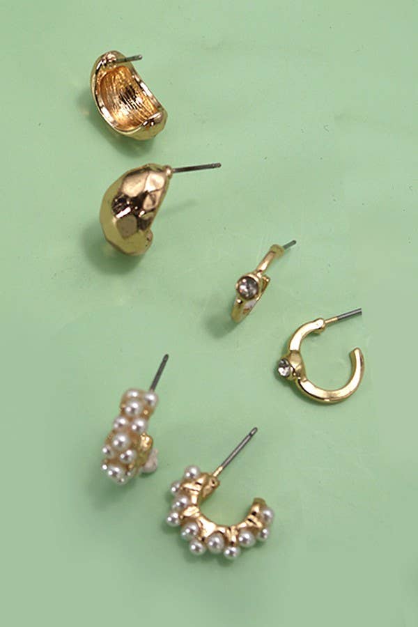 Pearl Huggie Hoop Trio Earrings | Gold