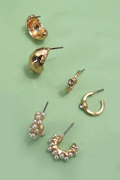 Pearl Huggie Hoop Trio Earrings | Gold