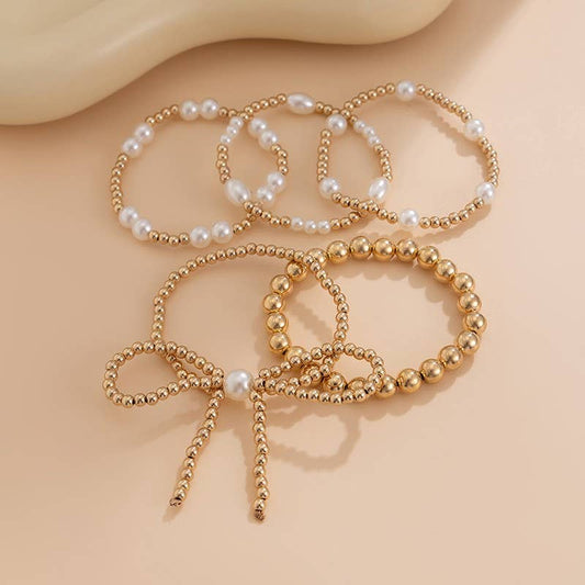 Multi Layer Bead Pearl Bow Bracelet | Gold