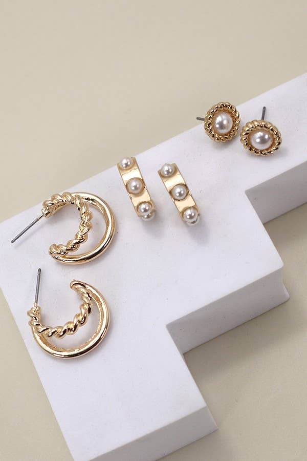Pearl Stud Trio Earrings | Gold