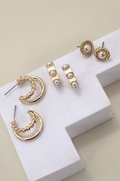 Pearl Stud Trio Earrings | Gold