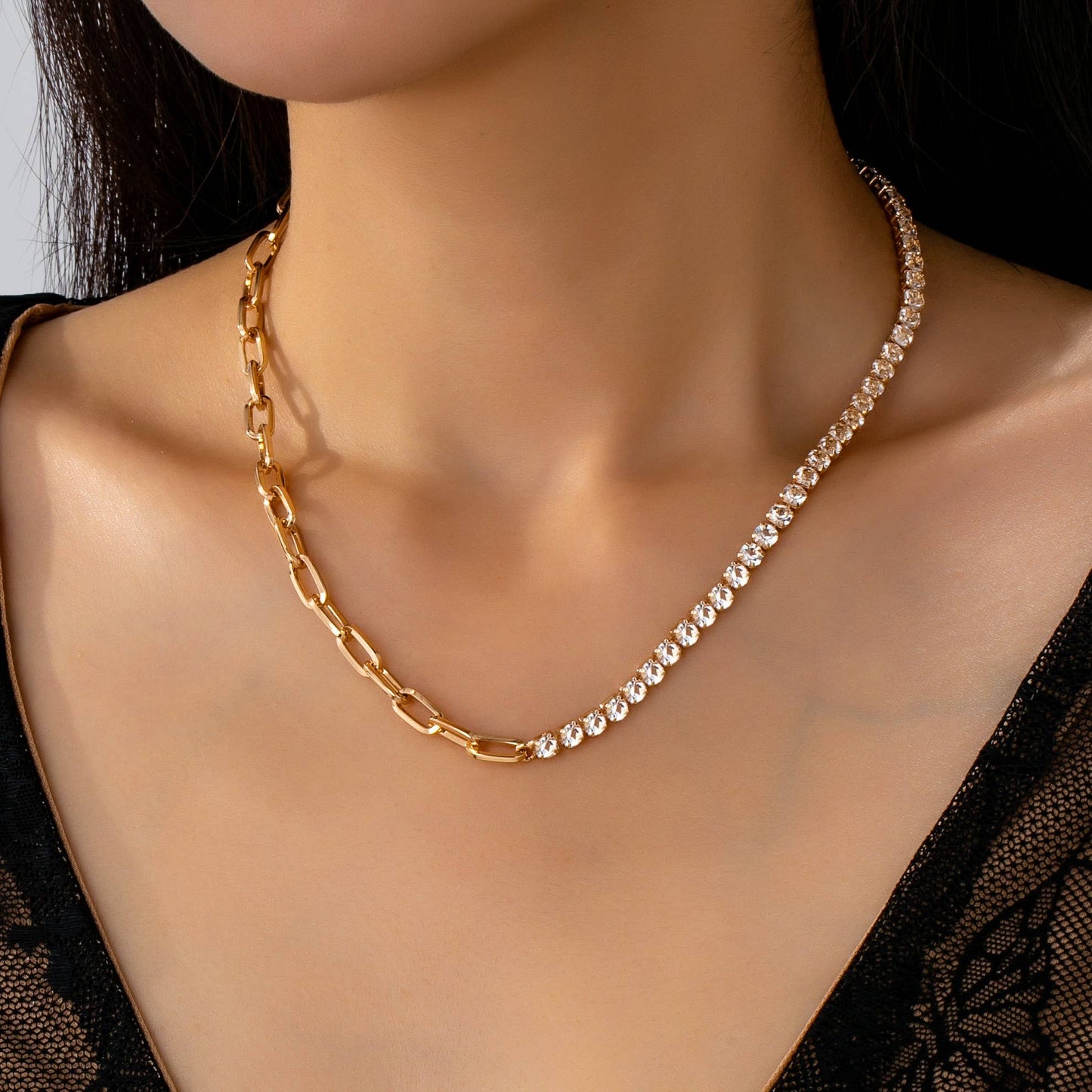 Dual Rhinestone Chainlink Necklace | Gold