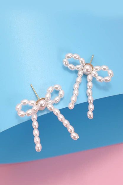 Pearl Bead Bow Ribbon Earrings